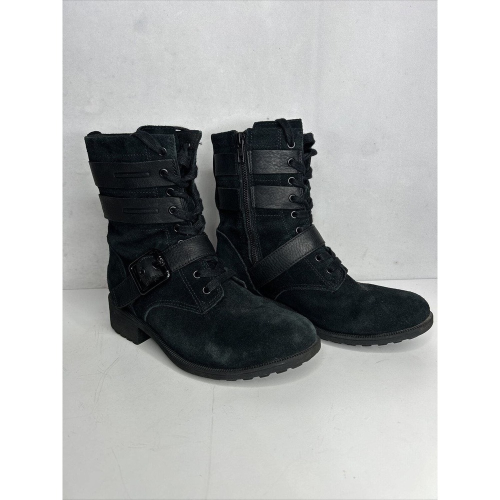 UGG Combat Boots Womens 6.5 Zia Black Suede Shearling Leather Straps Buckles Zip